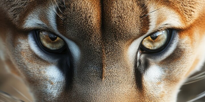 A captivating ultra-close macro shot of a puma face with intense eyes, highlighting the texture of its fur and the depth of its gaze. 