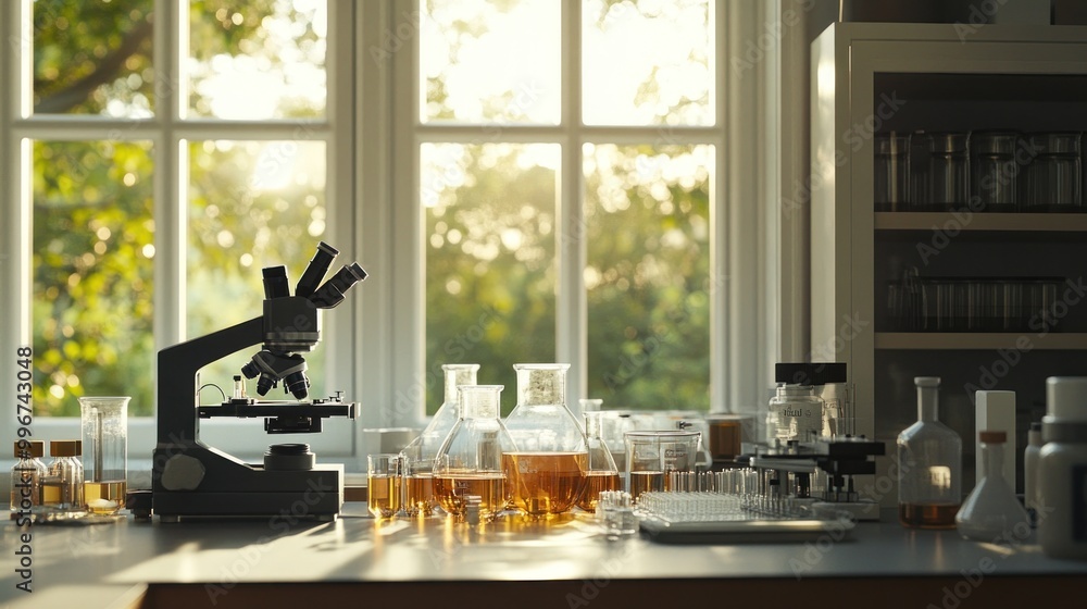 Poster a laboratory scene with a microscope and various glassware filled with liquids.