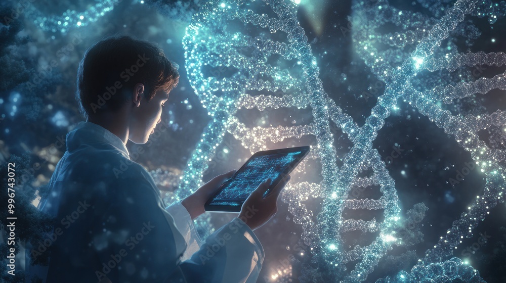 Poster a young scientist examines dna structures using a digital tablet in a futuristic setting.