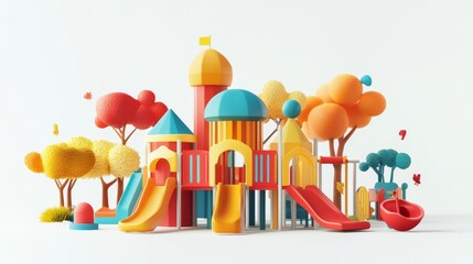 Colorful playground with slides, towers, and trees, perfect for children's activities and fun in a vibrant park environment.