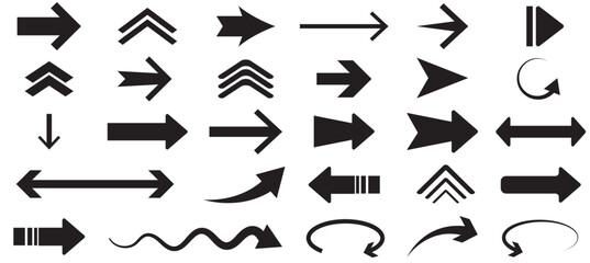 Arrows set of 30 black icons. Arrow icon. Arrow vector collection. Arrow. Cursor. Modern simple arrows. Vector illustration.