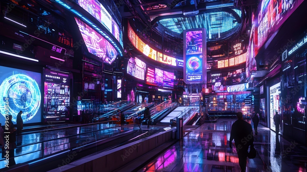 Poster cyber monday an advanced digital retail paradise with autonomous checkout stations captivating produ