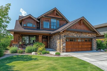 Beautiful craftsman style home with stone and wood siding on sunny day