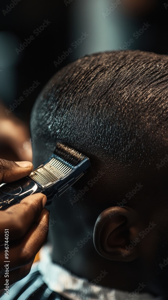 Wall mural close-up of barber using electric hair clipper