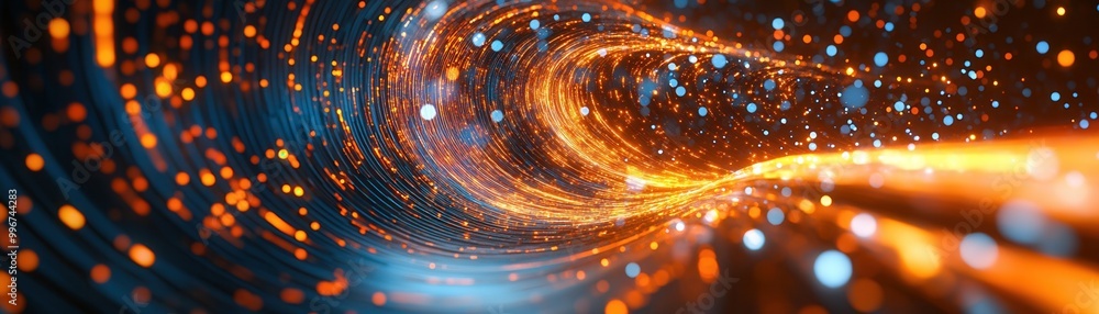 Poster a vibrant swirl of orange and blue light particles, creating an abstract digital wave, ideal for bac