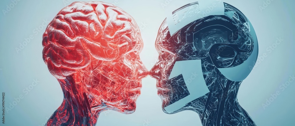 Poster a striking image showcasing the contrast between a human brain and an artificial intelligence system
