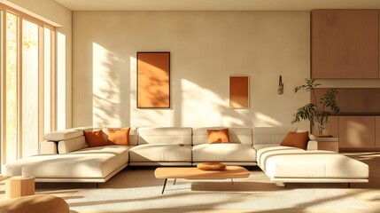 Cozy and inviting modern living room with a large comfortable sectional sofa and minimalist stylish decor the accent pieces and natural textures bringing warmth and character