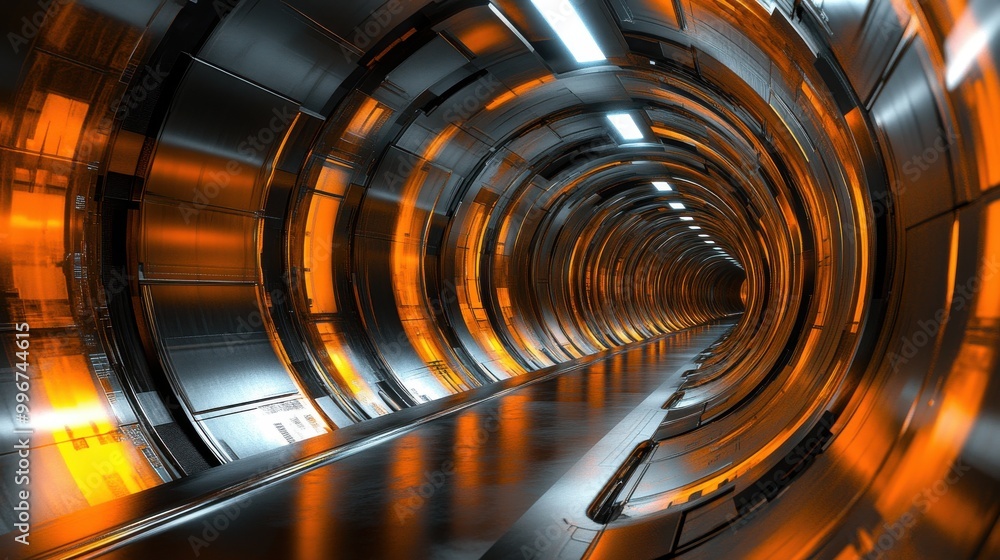 Poster futuristic tunnel with glowing orange accents and metallic walls, creating a dynamic and immersive v