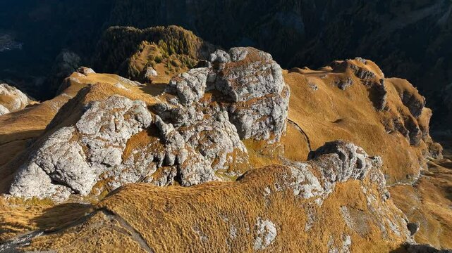 A Rocky Retreat. Aerial View of the Bucegi Mountains. Slow Motion.