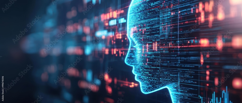 Poster a futuristic depiction of a human head made of digital lines and data streams.