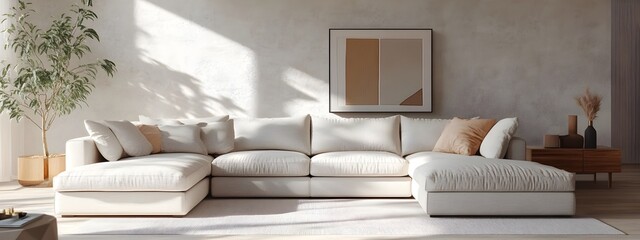 Cozy and inviting modern living room with a large comfortable sectional sofa and minimalist stylish decor  The accent pieces and textured surfaces add depth and visual interest