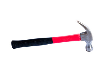 Close up medium sized hammer that has two functions as a nail pick and nail hammer, with a handle...