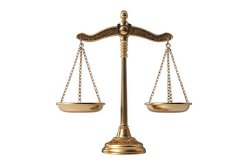 A close-up of a golden scale of justice isolated on a black background.