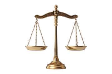 A close-up of a golden scale of justice isolated on a black background.