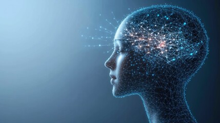 Obraz premium A close-up view reveals a face composed of digital lines and dots, set against a dark blue background, symbolizing technological innovation and advanced life