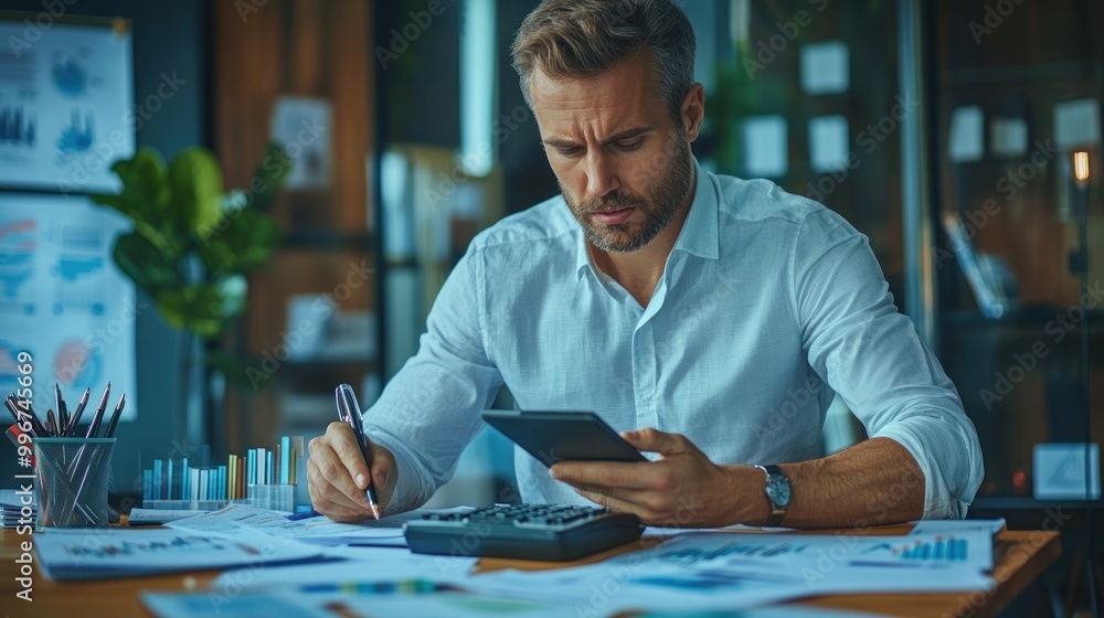 Aufkleber a man analyzes data using a calculator and documents in a modern office setting.