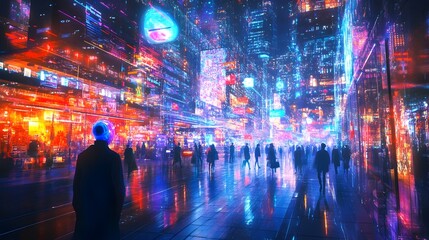 Cyber Monday digital retail paradise with sentient sales assistants biometric authentication checkouts and adaptive user interfaces in a crisp hyper detailed glowing