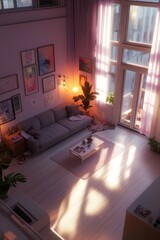Fototapeta premium a living room with a couch, a table and a window