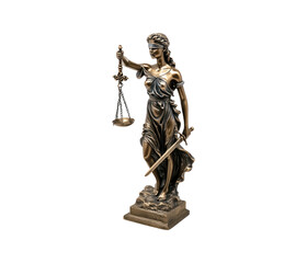 A bronze statue of Lady Justice, holding a scale and sword, symbolizing justice and the law.