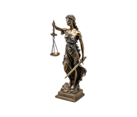 A bronze statue of Lady Justice, holding a scale and sword, symbolizing justice and the law.