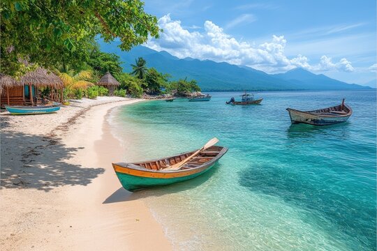 Wooden fishing boat resting on crystal clear water on tropical beach