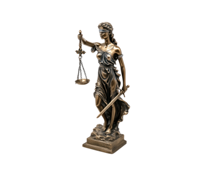 A bronze statue of Lady Justice, holding a scale and sword, symbolizing justice and the law.
