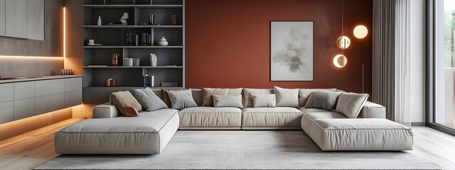Cozy and Inviting Modern Living Room with a Large Comfortable Sectional Sofa and Minimalist Stylish Decor  The Accent Wall in Color Adds a Bold Touch to the Otherwise Neutral Space