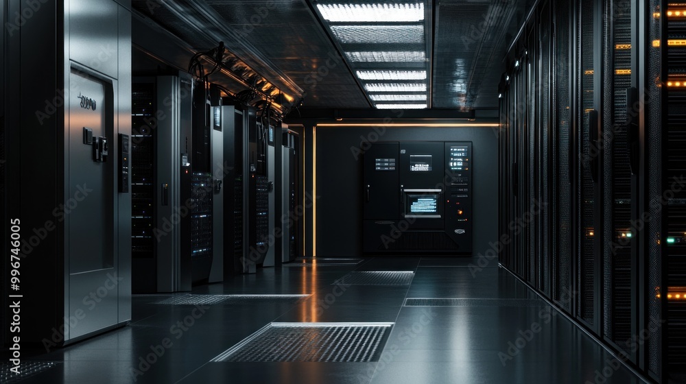 Poster a dimly lit server room with rows of servers and a central control unit.