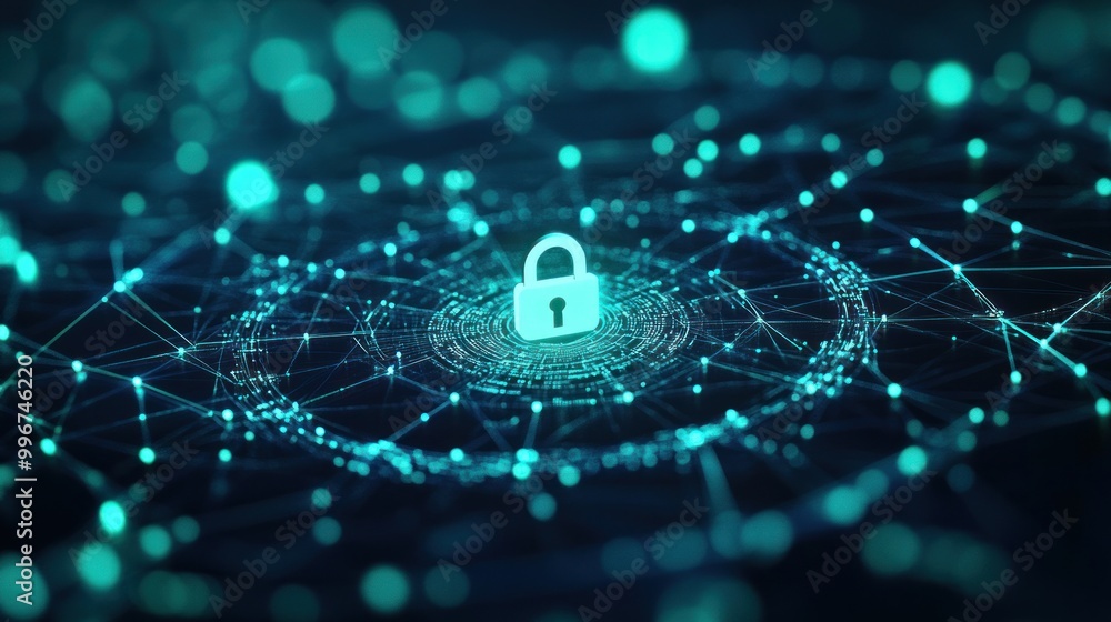 Poster digital lock symbol amidst a network of connected nodes, representing cybersecurity.