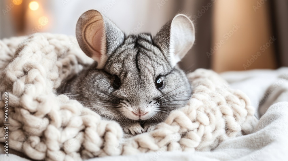 Wall mural A cute chinchilla nestled in a cozy blanket, exuding warmth and comfort.