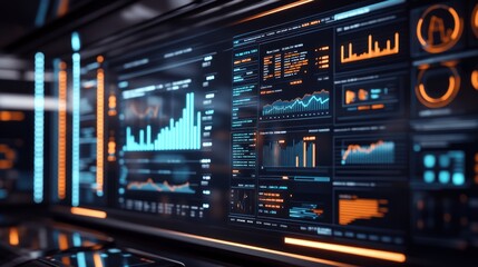 Fototapeta premium Futuristic dashboard displaying data analytics and graphs with a sleek interface.
