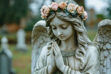 Angel statue wearing roses is praying in cemetery