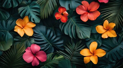Fototapeta premium Tropical flowers and lush green leaves creating exotic background