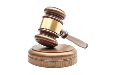 A wooden gavel with a gold band, resting on a base, against a black background.