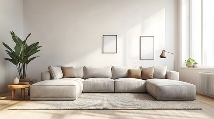 Cozy and inviting modern living room with a large comfortable sectional sofa and minimalist stylish decor  The bright accents create a warm and welcoming atmosphere