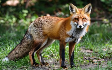 Obraz premium A fox is standing in the grass and looking at the camera