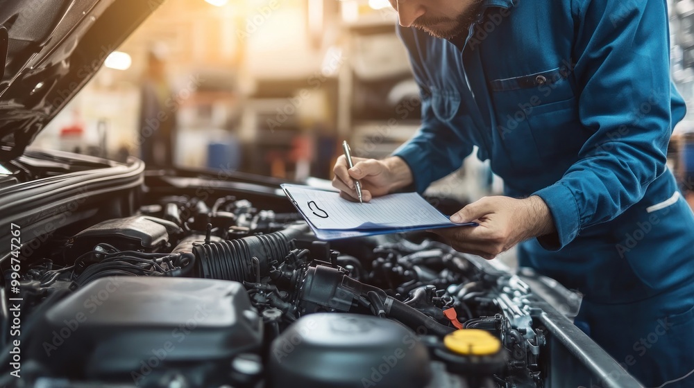 Poster a mechanic inspects an engine while taking notes on a clipboard.