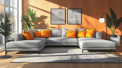Cozy and inviting modern living room with a large comfortable sectional sofa and minimalist stylish decor the bright color accents and natural wood tones bringing a warm and welcoming atmosphere