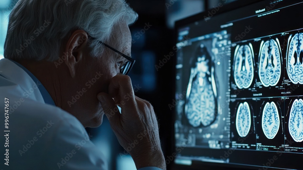 Poster a doctor examining brain scans on a computer screen, deep in thought.