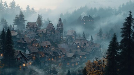 Cozy medieval village surrounded by towering ancient trees and a misty forest