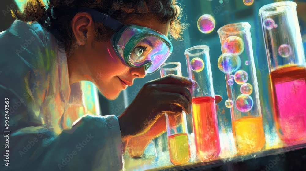 Poster a child in goggles observes colorful liquids in test tubes, exploring science with curiosity.