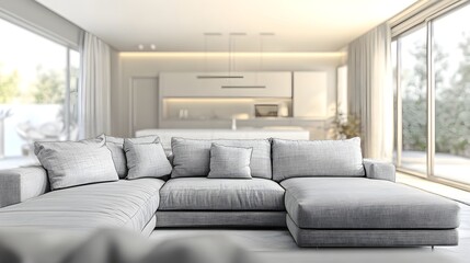 Fototapeta premium Cozy and inviting modern living room with a large comfortable sectional sofa and minimalist stylish decor The bright color accents and clean uncluttered design evoke a sense of tranquility