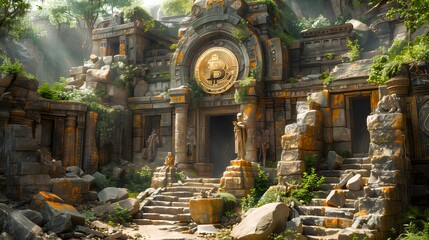Obraz premium lost ancient city in the jungle with a big bitcoin sign on it