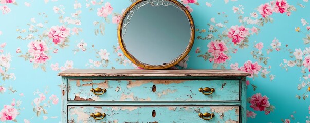 Antique dresser with peeling paint, cracked mirror, and brass handles, set against a floral wallpaper background, representing vintage opulence