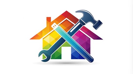 A colorful logo featuring a hammer and wrench crossed over a house, symbolizing reliable and efficient home repair services for a trusted handyman company.