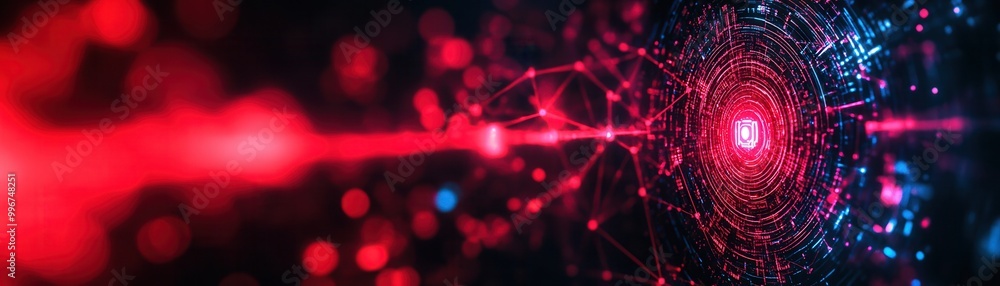 Poster an abstract depiction of digital technology, featuring vibrant red and blue light patterns radiating