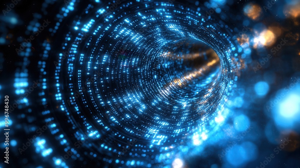 Poster captivating abstract tunnel of blue lights, representing digital data flow and technological advance