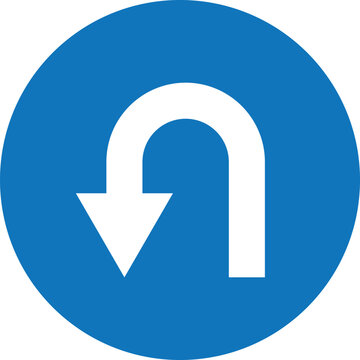 Blue and white left U turn icon . U turn arrow in blue circle road sign . Vector illustration