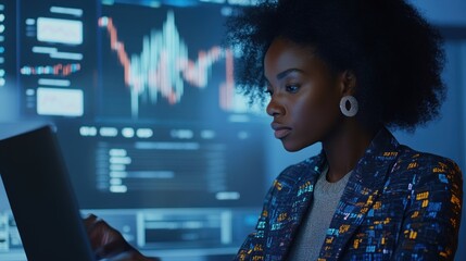 A focused individual working on a laptop in a tech-driven environment with data visuals.