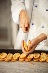 Close shot for preparing pastry and desserts, rolling dough, measuring ingredients, putting together elements 